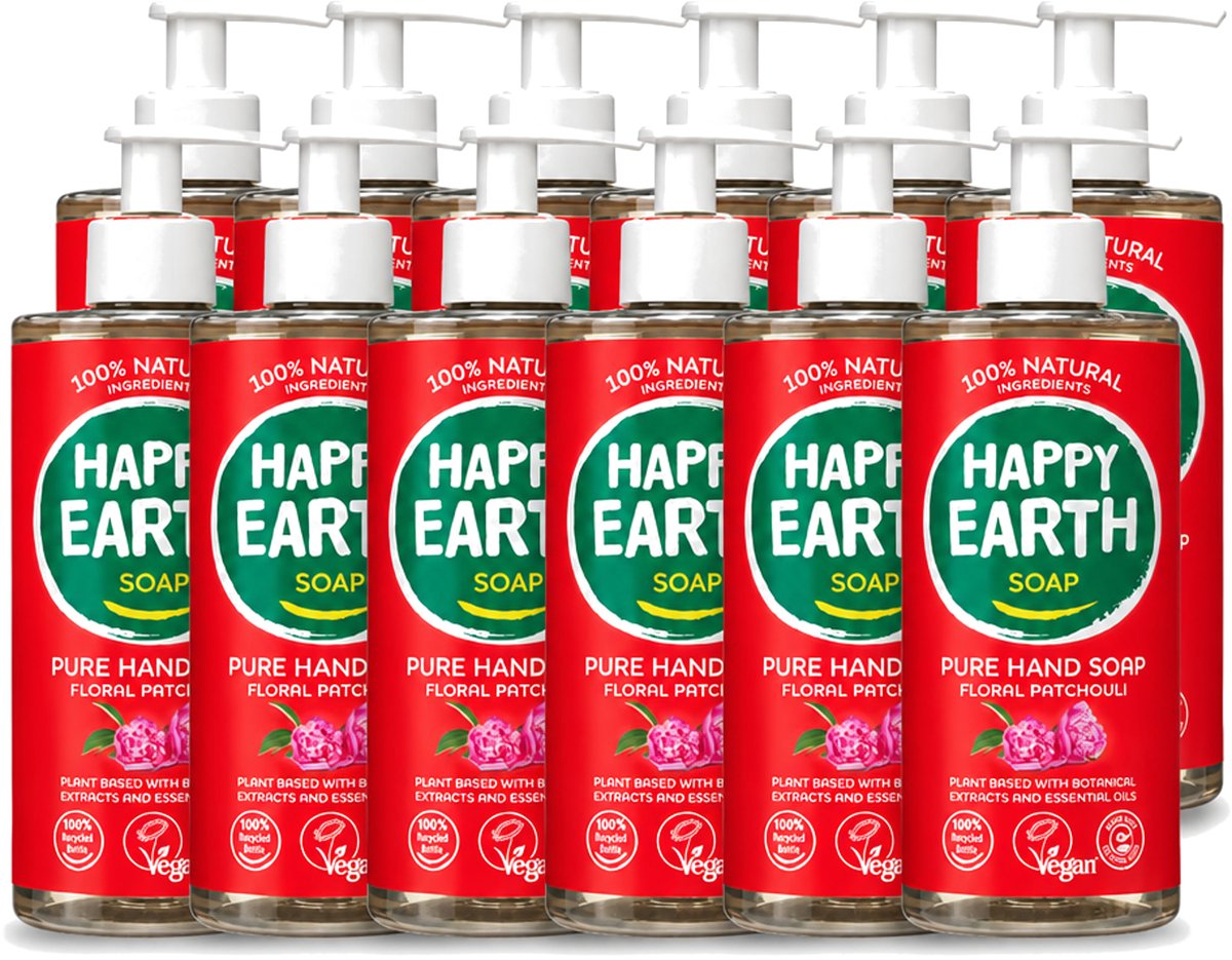 12 x Happy Earth – Handzeep – 100% Natuurlijk Floral Patchouli – 300 ml - Voordeelverpakking - 12 stuks