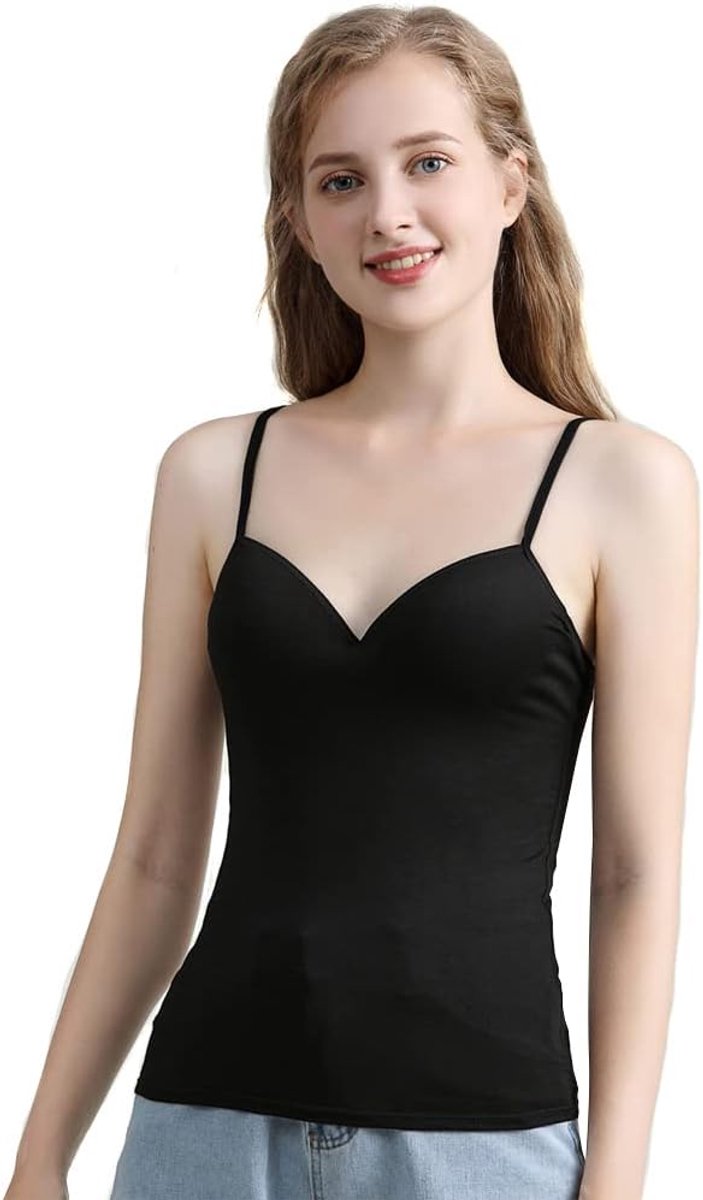 Camisole voor dames, ingebouwde beha, cami, V-hals, vest, tanktop, mouwloos shirt, verstelbare spaghettibandjes, onderhemd