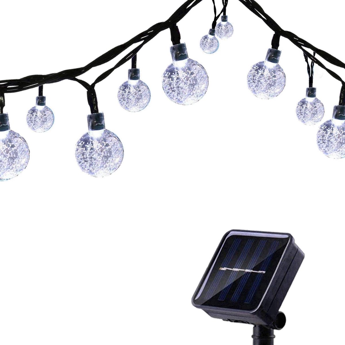 Tuinverlichting op Zonne-energie, Kerstverlichting Buiten met Ballen, Waterdichte 6m 30 LED 8 Modi, Decoratieve Lichtslingers voor Thuis Tuinhuisje Terras Gazon Bruiloftsornament (Wit)