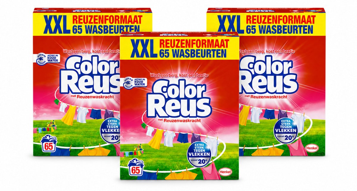 3 x Color Reus - Waspoeder - Gekleurde Was - 65 Wasbeurten - Voordeelverpakking - 3 stuks