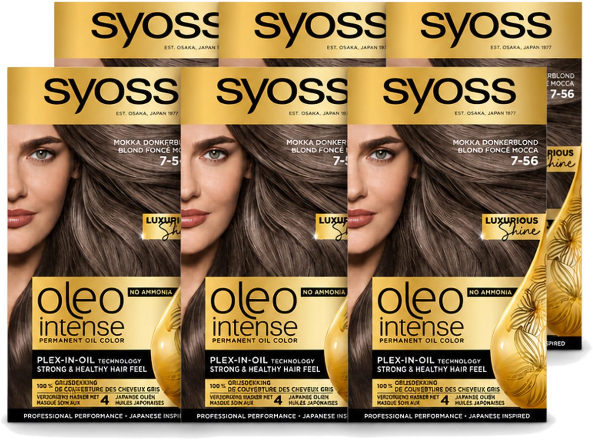6 x SYOSS - Oleo Intense 7-56 Mokka Donkerblond - Haarverf - Zonder Ammoniak - Grijsdekking - Langdurige Kleur - Voordeelverpakking - 6 stuks