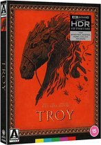 Leren hoes voor de film "Troy" met een getekend houten paard en kleine figuren op een rode achtergrond.