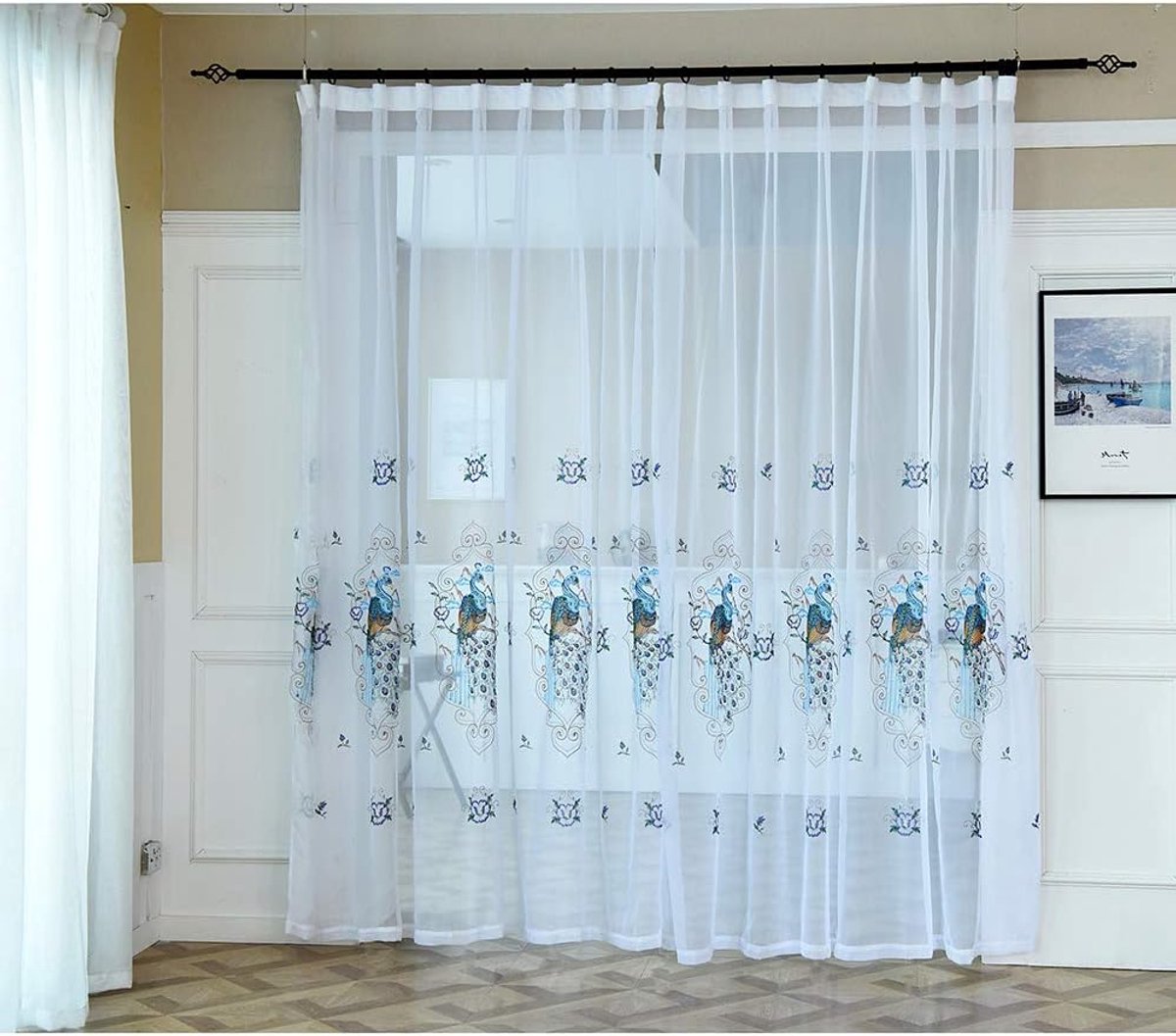 Pauw/geborduurd/voile/gordijn, idyllic/raam/schermen/gordijnen, Sheer/Light Filtering/Gordijnen/voor balkon/slaapkamer/haken top-Lichtblauw 230 * 240cm