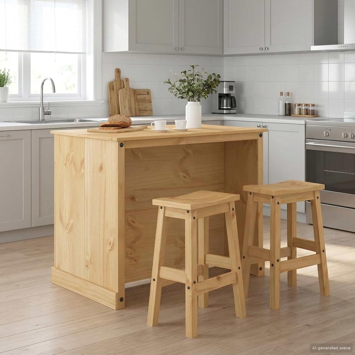 Keukeneiland set 3-delig, honingwas grenen, met plank, stabiel, veel opbergruimte, incl. 2 barkrukken, 112x77x91,5 cm, voor keukens