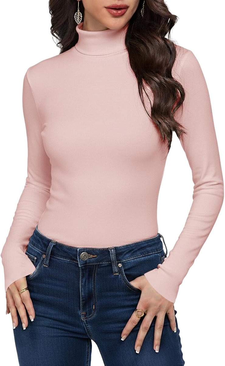 Shirt met lange mouwen voor dames. Basic, rolkraag, geribbeld, effen, slim fit ondergoed met stretch, zacht en comfortabel, voor thuis en vrije tijd