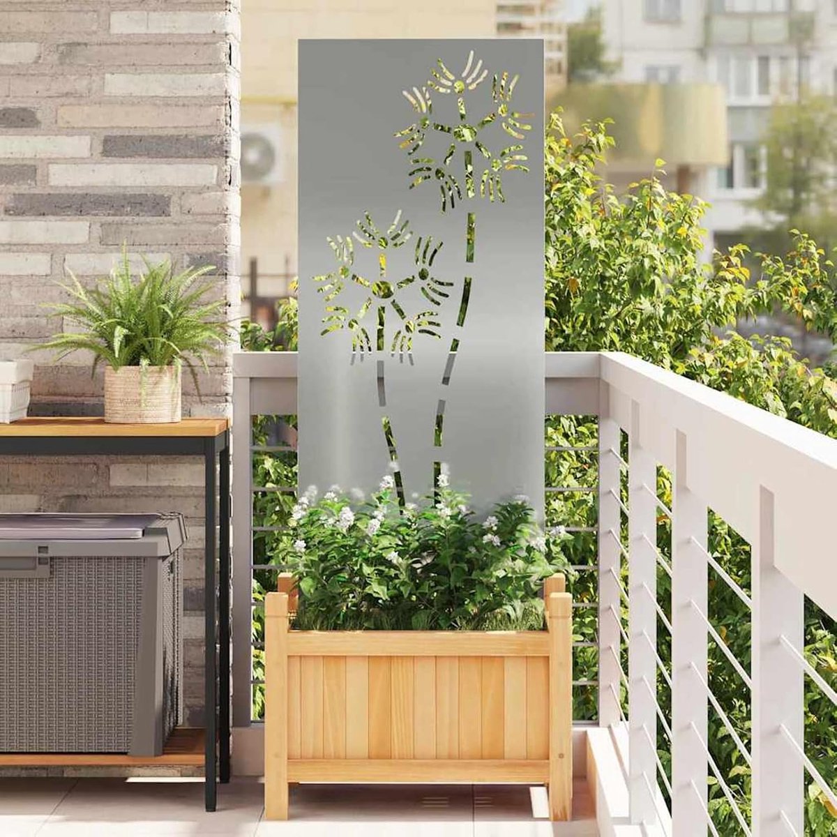 Decoratief paneel, zilverkleurig, 50 x 140 cm, metalen paneel, decoratief tuinpaneel, universele standaard voor tuin, terras, balkon, voortuin