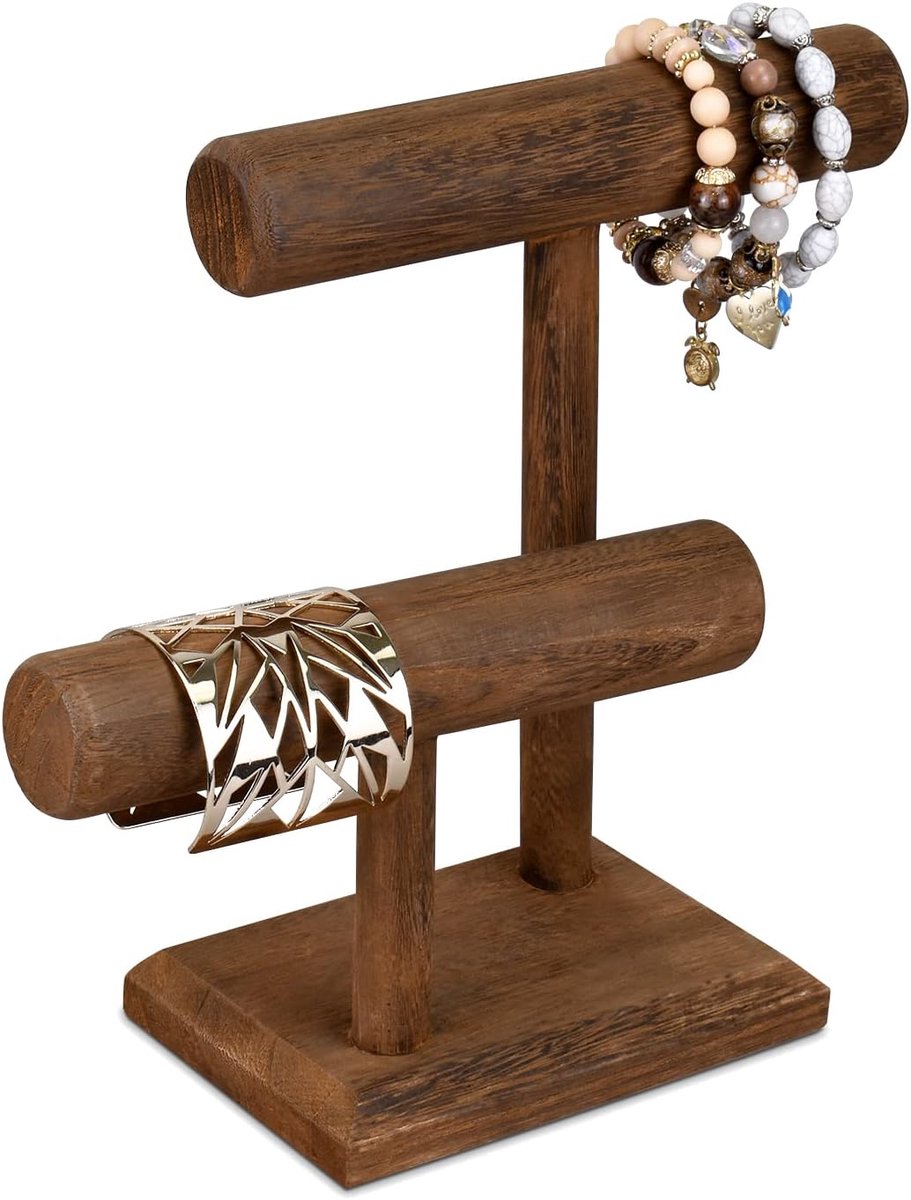 Design 2 Tier Houten Sieraden Armband Horloge Display Toren, Bangle Scrunchie Ketting Houder Opbergstandaard, 7,9 inch B x 4,3 inch D x 9,4 inch H, bruine kleur