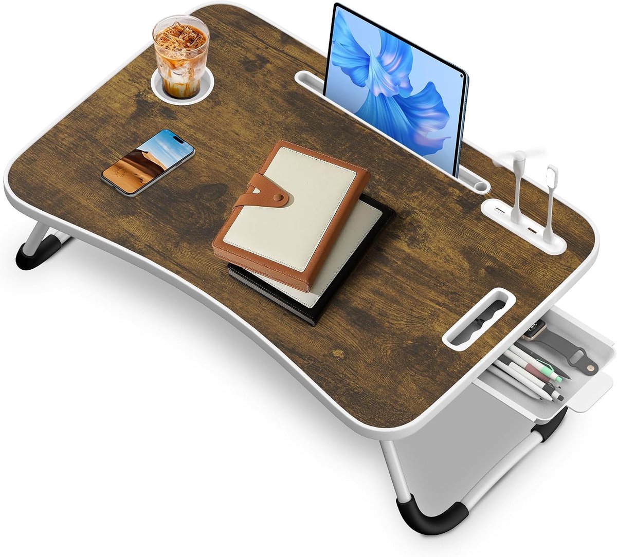 Laptoptafel, 60 x 40 x 28 cm, laptoptafel met lade, bekerhouder, tablethouder, handgreep, inklapbaar, bedtafel voor bed en bank, vloer, bed, notebook (donkerbruin)