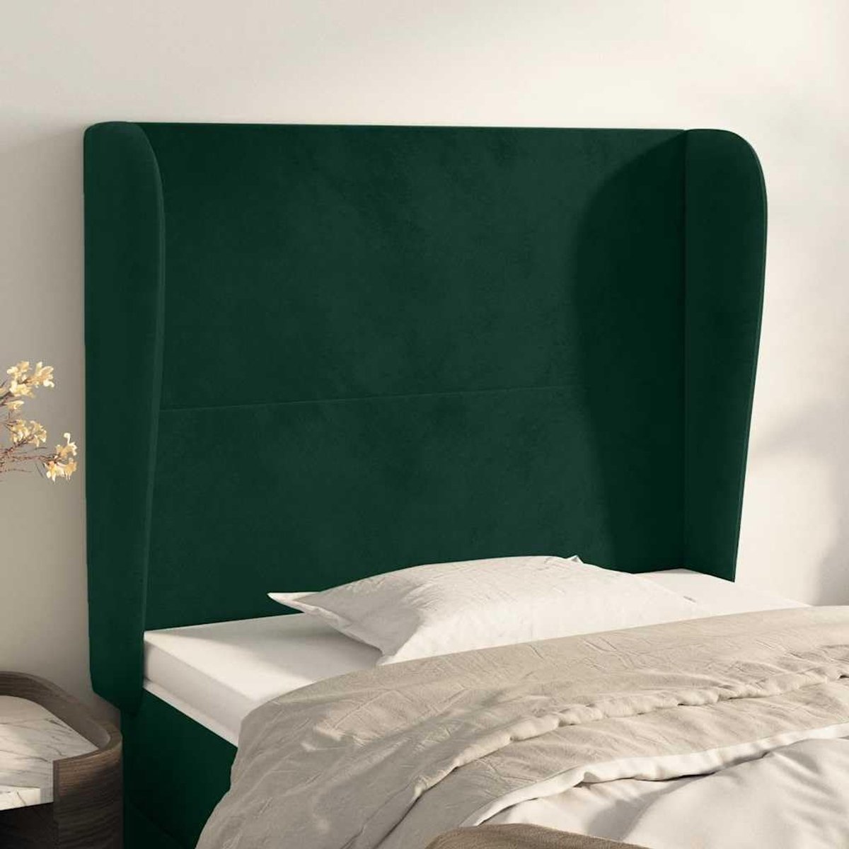 Hoofdsteun oor fluweel donkergroen 103 x 23 x 118/128 cm in hoogte verstelbaar, houten poten, rugsteun voor lezen, montage met instructies