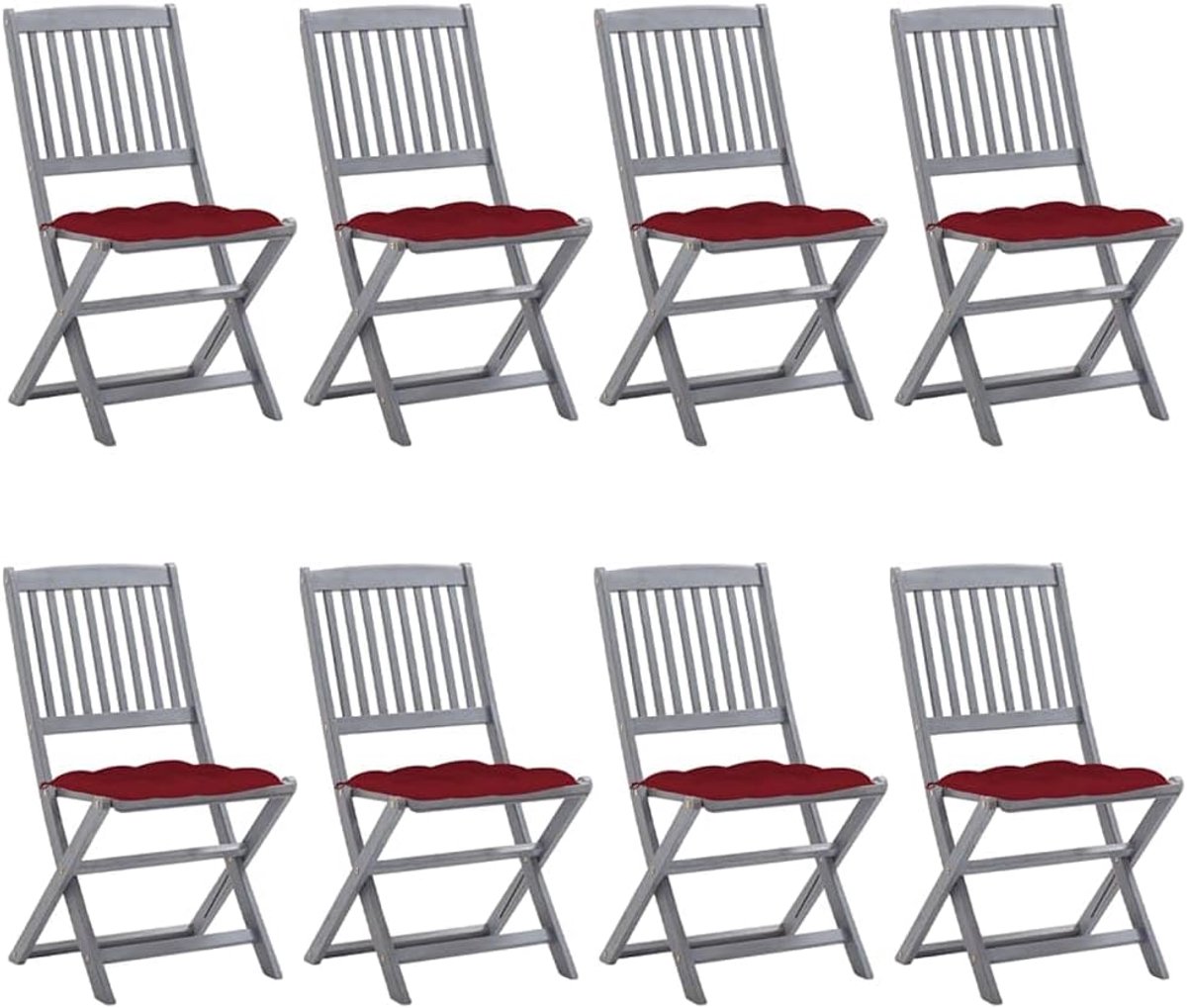 Tuinstoelen met kussens, 8 stuks, acaciahout, grijze terrasstoelen voor eetkamer, terras en tuin, belastbaar tot 110 kg per zithoek