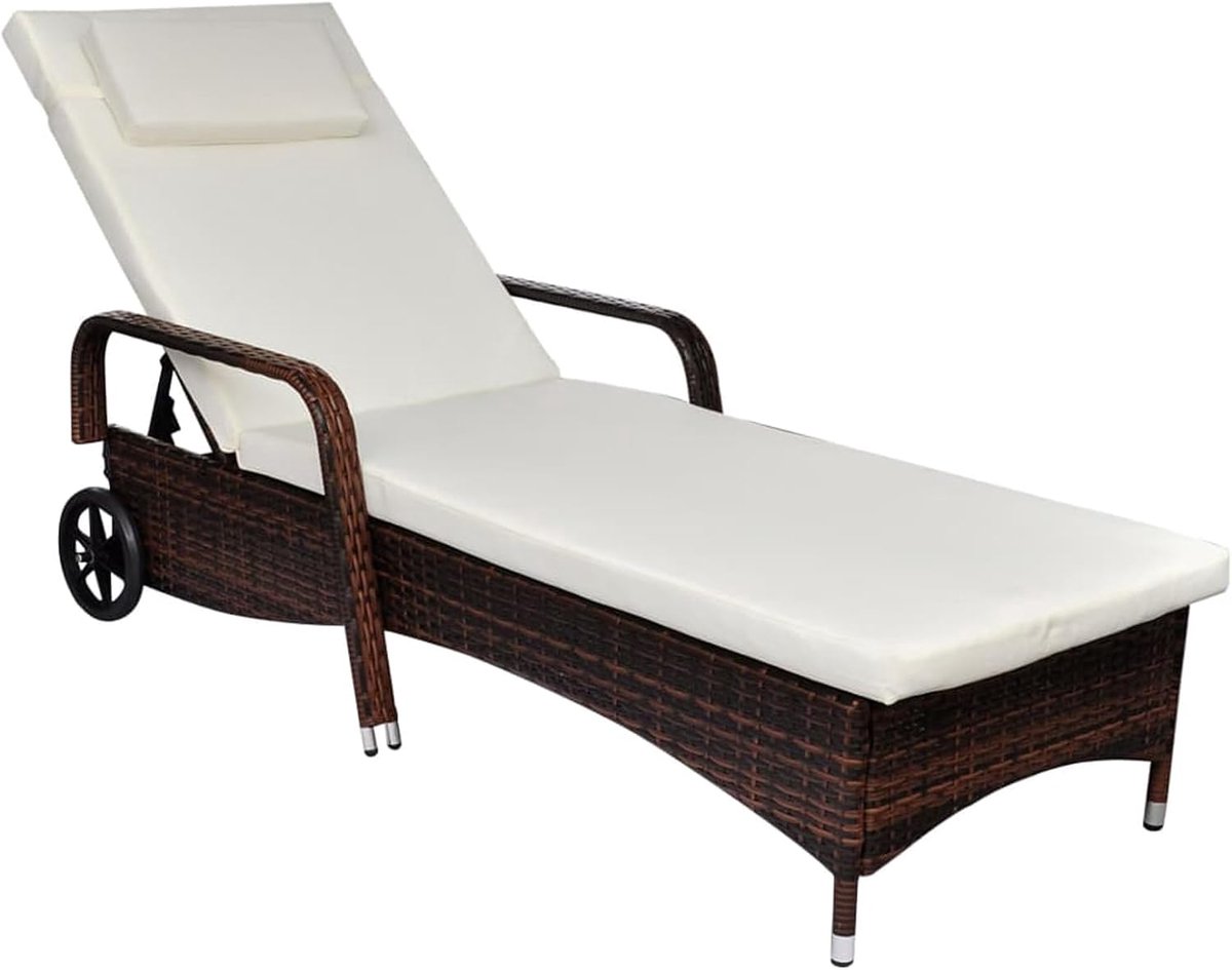 Zonneligstoel met kussens en wieltjes, tuinligstoel, relaxstoel, rotanligstoel, strandstoel, ligstoel, tuinmeubelen, polyrotan, bruin