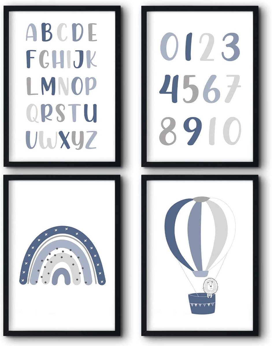 Bilderreich Set van 4 posters voor de kinderkamer, decoratieve foto's, babykamer, jongens en meisjes, kinderafbeelding voor de muur, zonder lijst, 4 x 20 x 30 cm, "Alfabet cijfers ballon regenboog blauw"