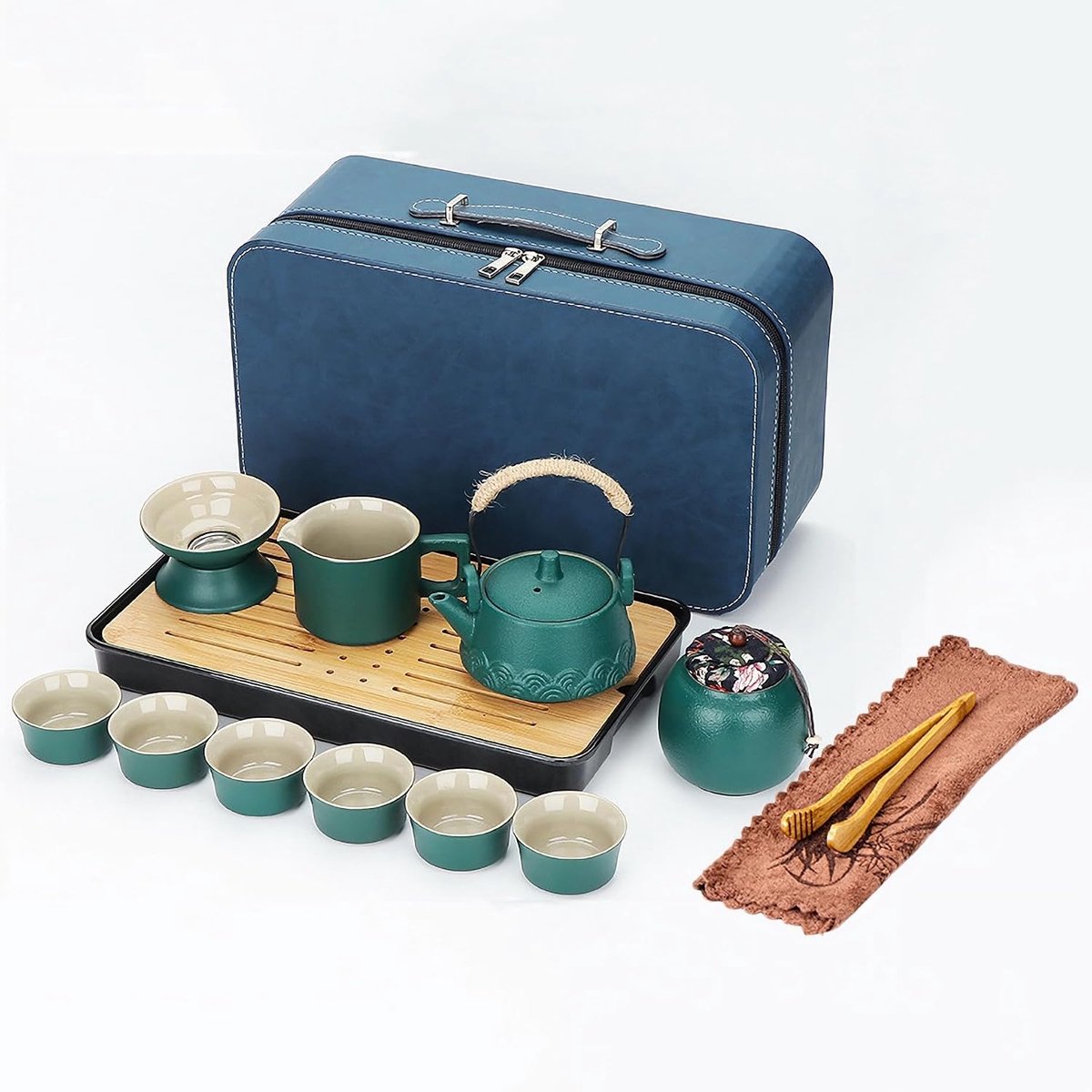 Theepot met zeef, porseleinen theeset Chinese reistheepot en 6 kopjes, henneptouwgreep, theeservies voor losse thee, cadeau voor theeliefhebbers, groen