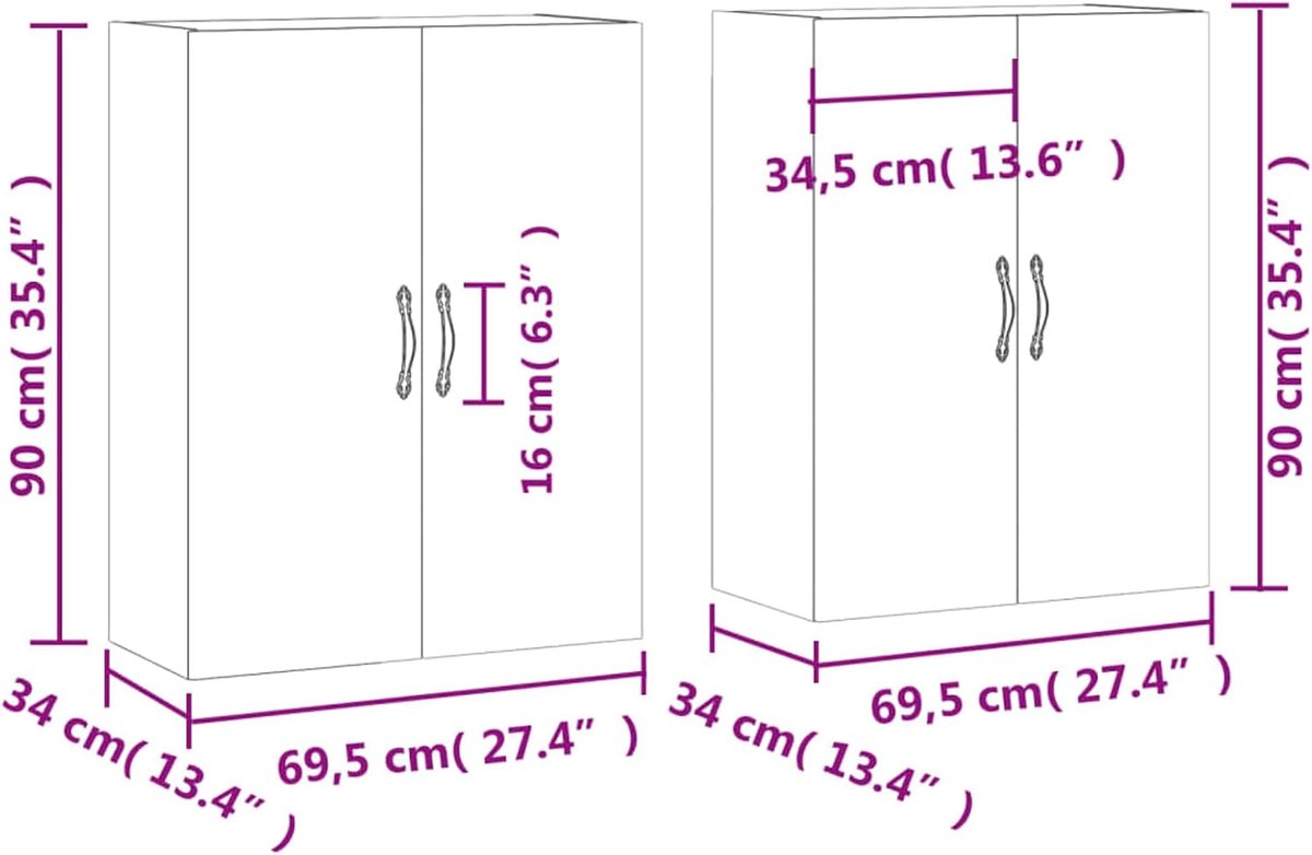 2 stuks, Sonoma eiken, 69,5 x 34 x 90 cm, houtmateriaal, wandmontage voor woonkamer, slaapkamer en werkkamer