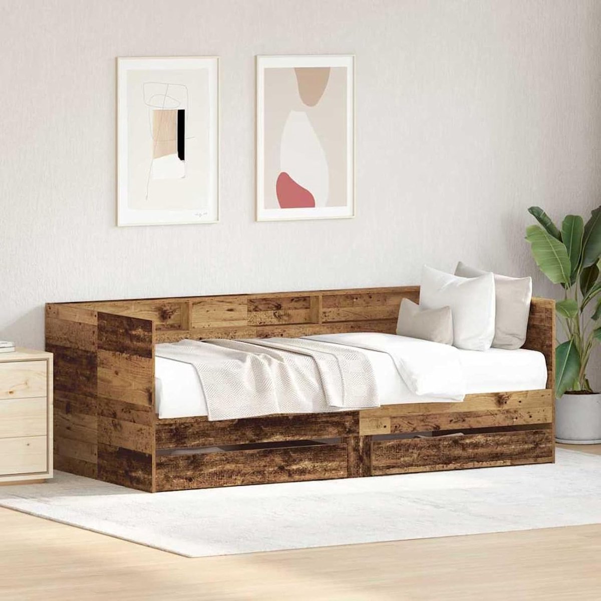 Dagbed met hoofdeinde, oud hout, 75 x 190 cm, multifunctioneel, ruimtebesparend, met laden, voor moderne woonruimtes en kleine woningen