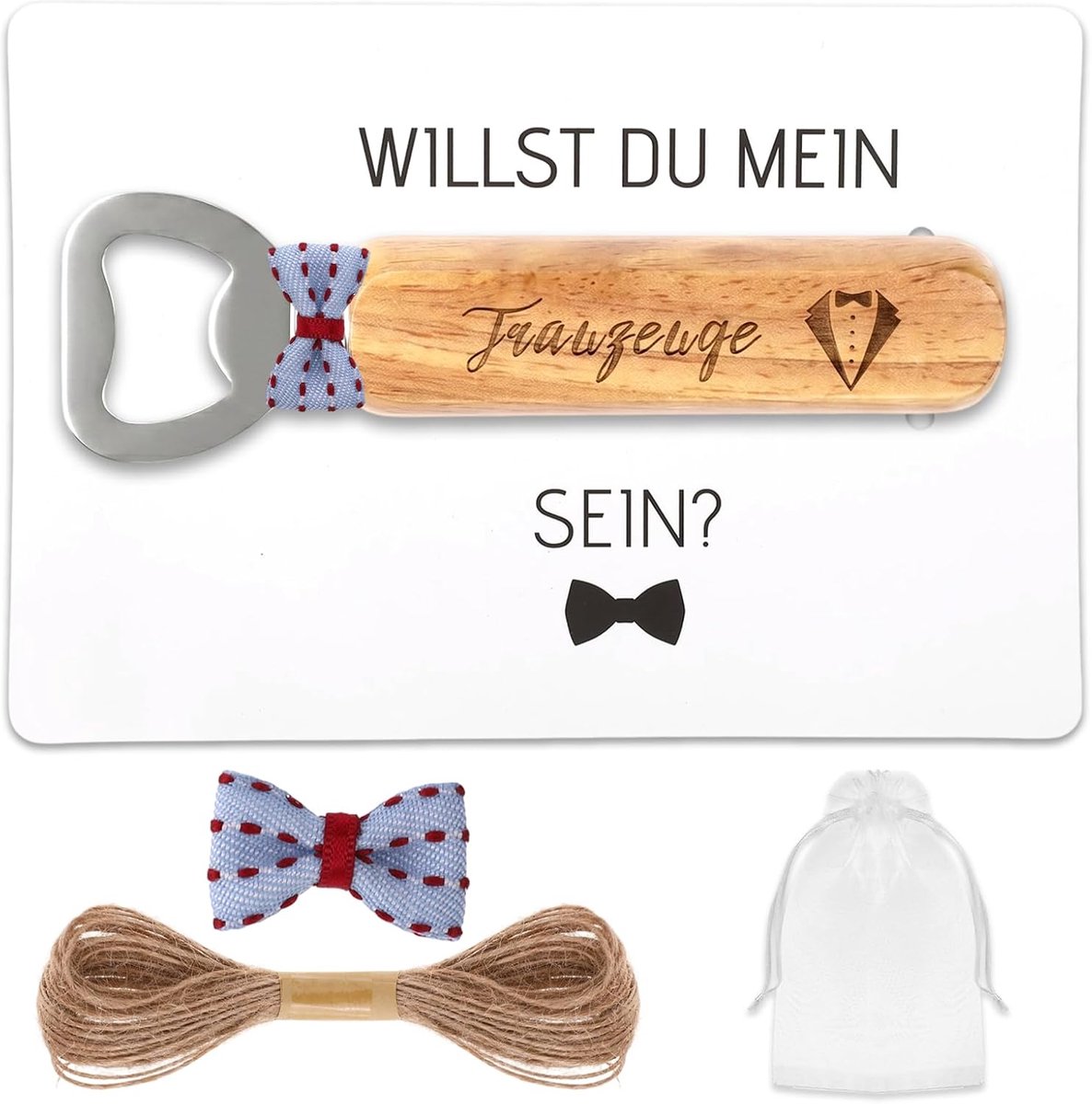 5 stuks getuigengeschenken man met gegraveerde houten bierflesopener en getuige vraagkaart, persoonlijk huwelijkscadeau voor mannen in praktische OPP-verpakking (getuigen)