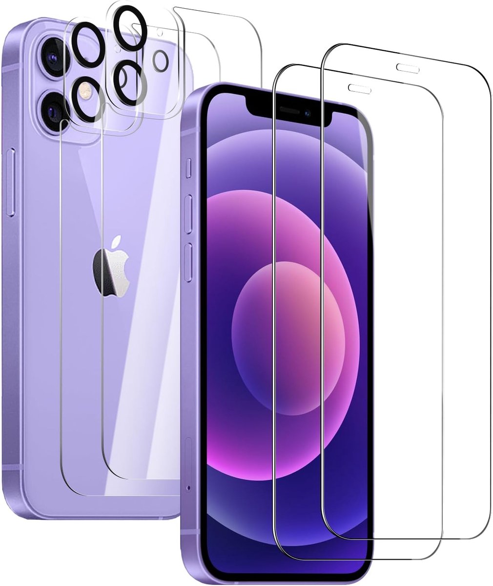 Glas Schermbeschermer Transparant voor iPhone 12, Set van 2 Schermfolie + 2 Lensbeschermers + 2 Achterfolie, Krasbestendig HD Helder