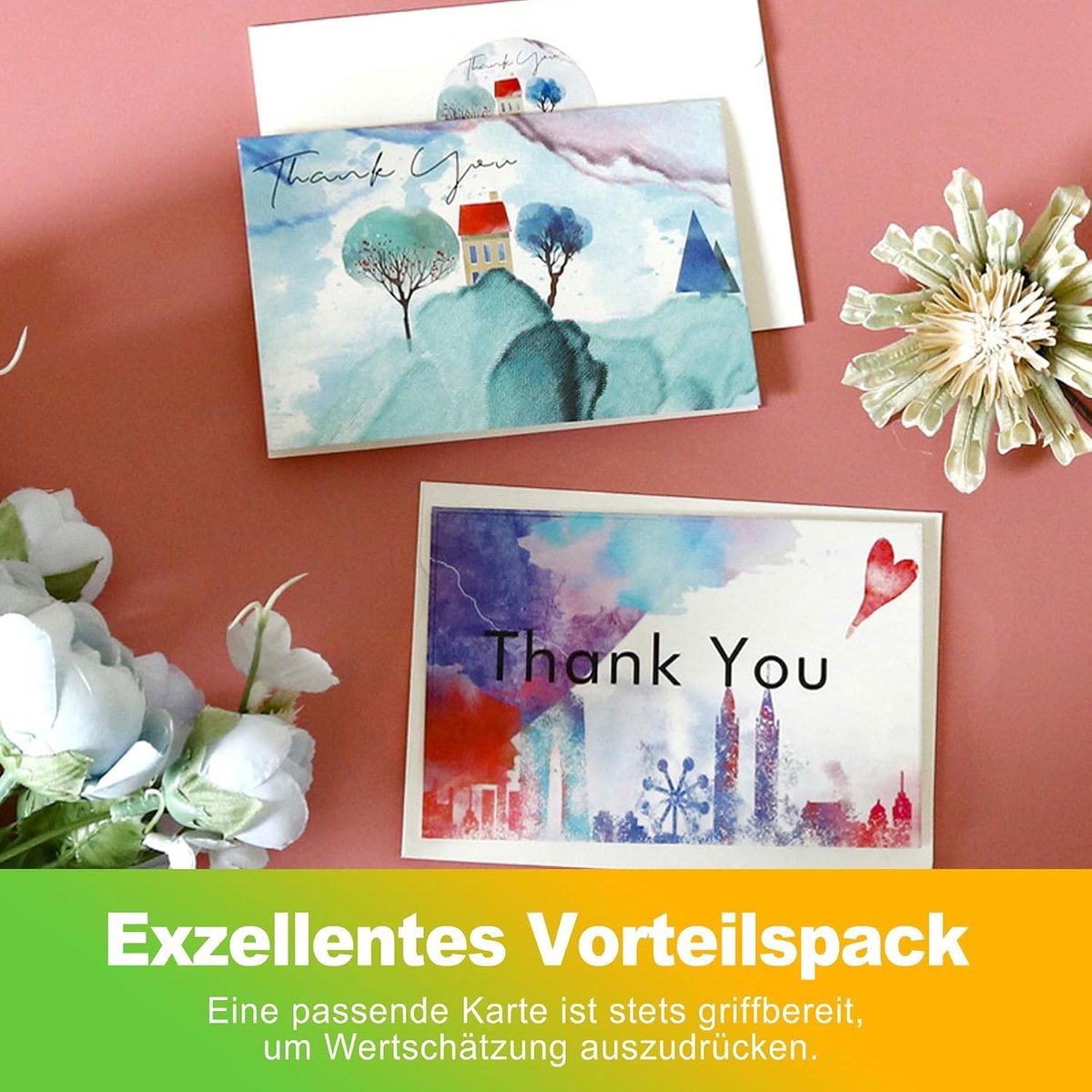 6 stuks bedankkaartenset met enveloppen, stickers voor zaken, afscheid, condoleance, klanten, bedankt, felicitatie, artistiek schilderen, stijlvol