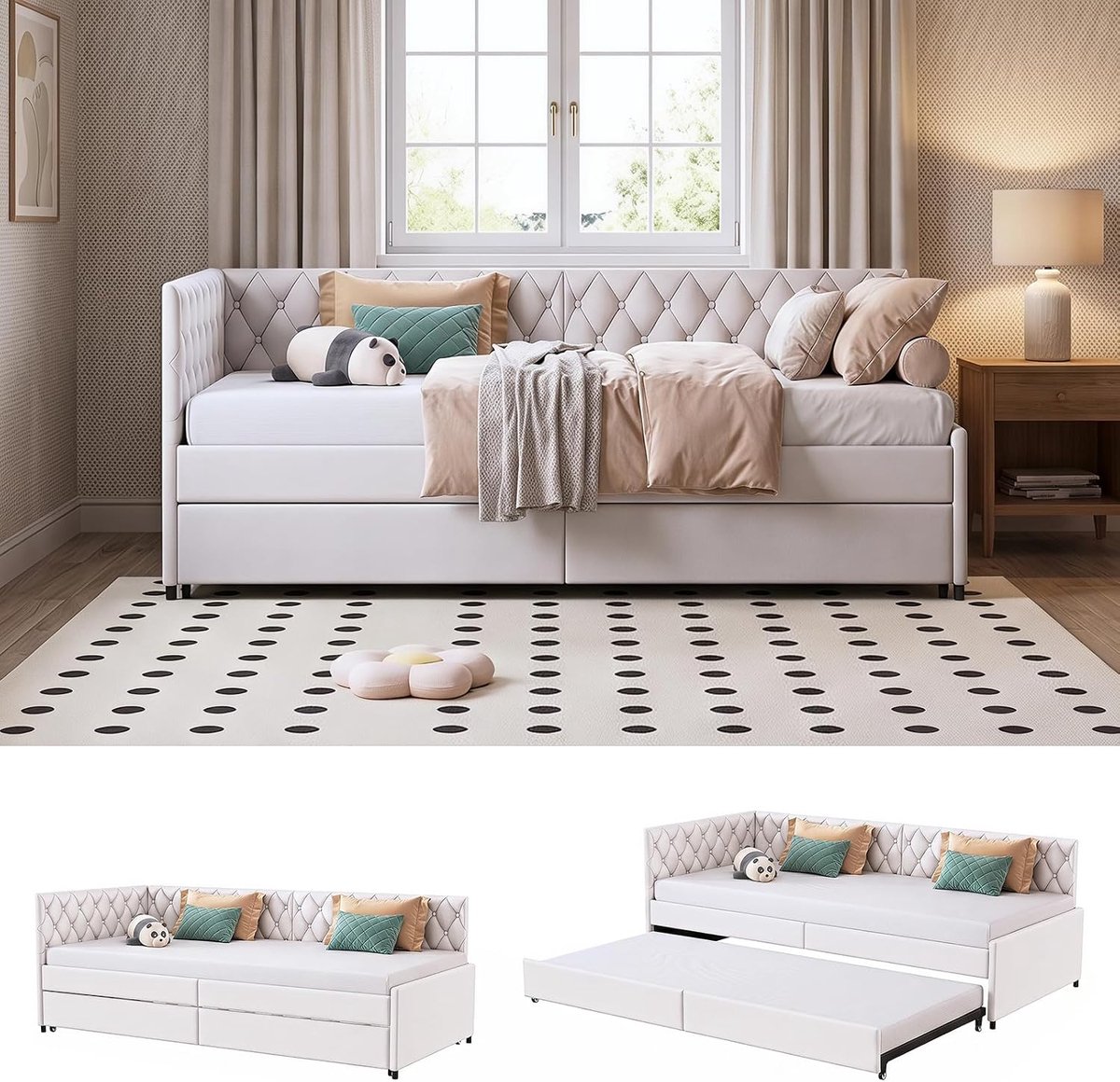 Slaapbank 90x200 cm, dagbed uittrekbaar gestoffeerde slaapbank uittrekbed met lattenbodem multifunctioneel bed functioneel bed dagbed voor woonkamer slaapkamer, zonder matras (beige)
