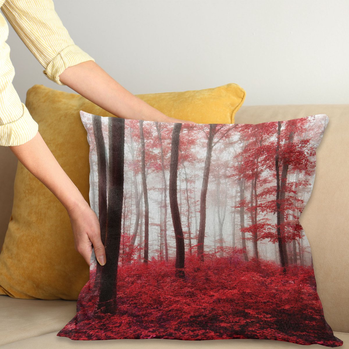 ABAKUHAUS Natuur Sierkussenhoes, Saturated Afbeelding van Dreamy Mystical Bos met Levendig Effecten Moeder Aarde Thema, Decoratieve Vierkante Sierkussenhoes, 50 x 50 cm, Wit Rood