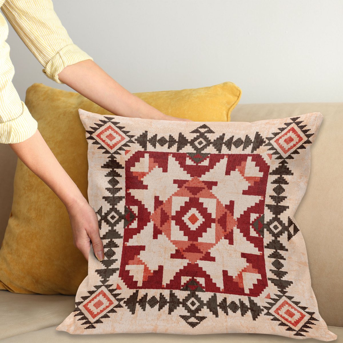 ABAKUHAUS Tribal Sierkussenhoes, Original National Heritage Maya Pyramids Local Region Esoteric Myth Motief, Decoratieve Vierkante Sierkussenhoes, 45 x 45 cm, Bordeaux