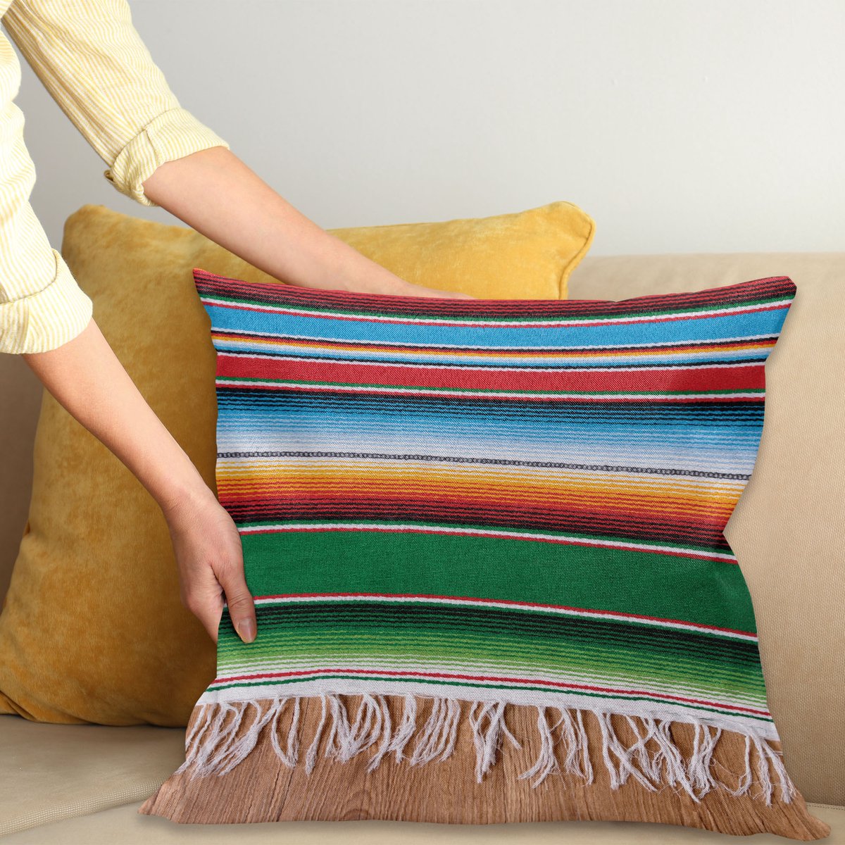 ABAKUHAUS Mexican Sierkussenhoes, Kleurrijk Boho Serape Patroon met Horizontal Strepen en Lijnen Cultures Afbeelding, Decoratieve Vierkante Sierkussenhoes, 45 x 45 cm, Groen Rood