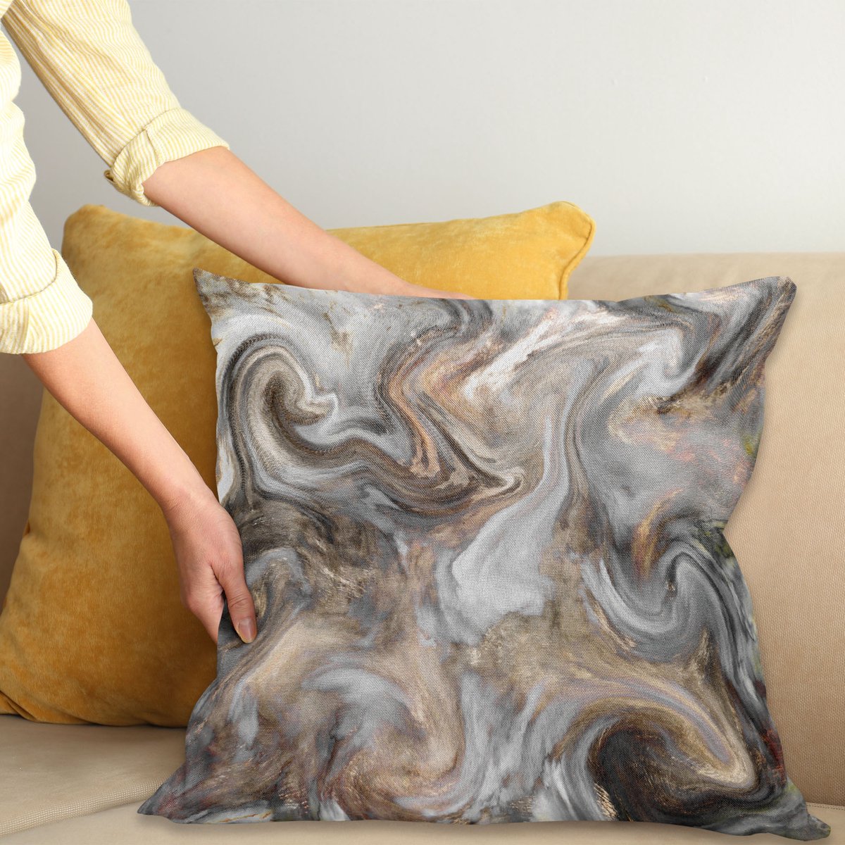 ABAKUHAUS Marmer Print Sierkussenhoes, Retro Stijl Paintbrush Kleuren in Marbling Texture Aquarel Kunst, Decoratieve Vierkante Sierkussenhoes, 65 x 65 cm, Zand Bruin
