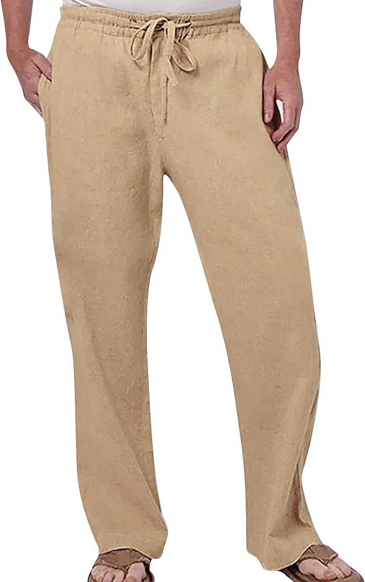 Linnen broek heren zomerbroek vrijetijdsbroek stoffen broek trekkoord zakken licht linnen regular fit mode A7