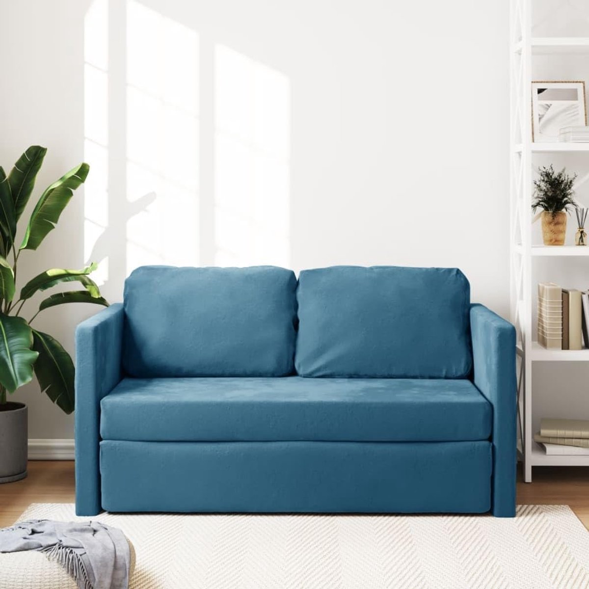 Slaapbank, vloerbank, modern, 2-zits, van fluweel, blauw, 122 x 204 x 55 cm, 2-zits slaapbank van fluweel, intrekbare slaapbanken