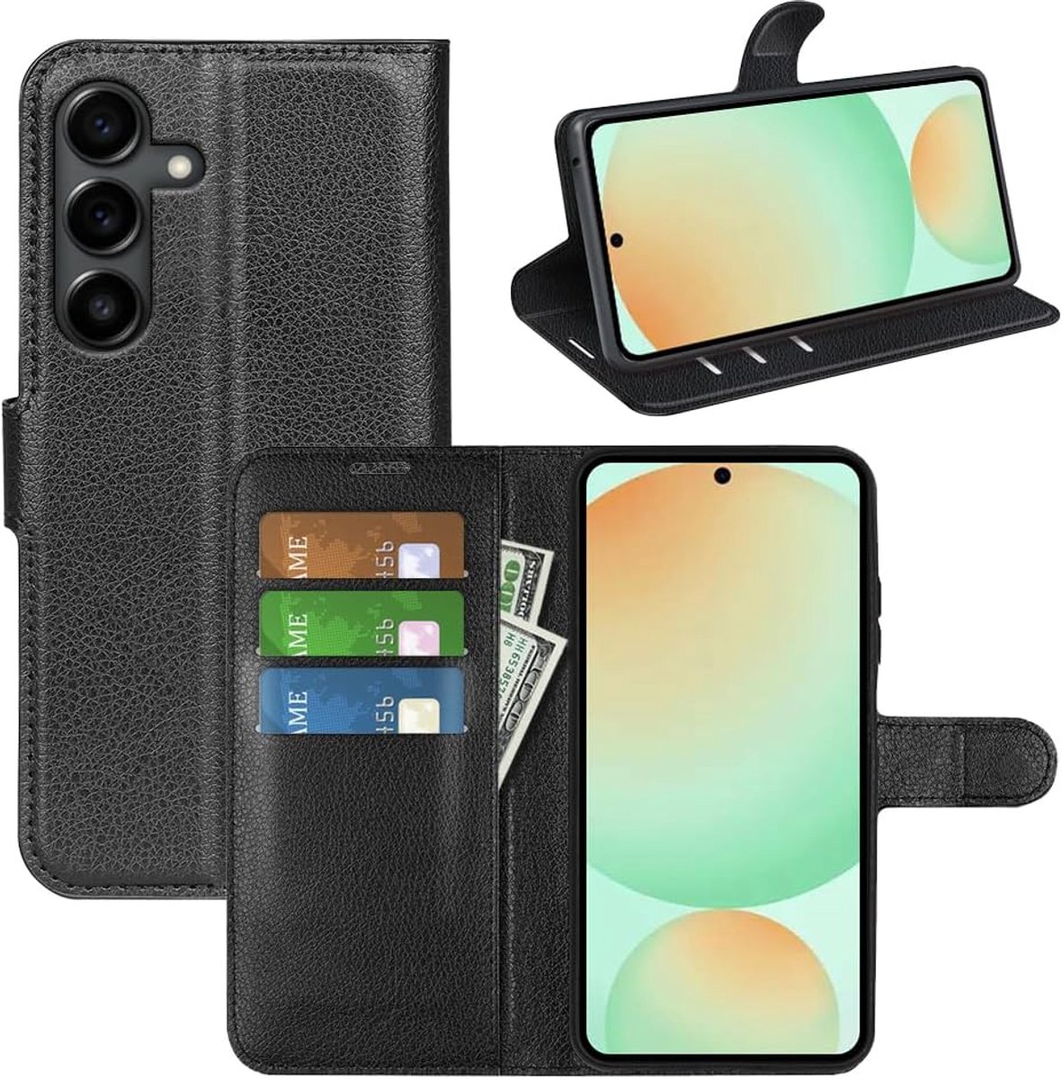 Hoesje voor Samsung Galaxy S25 FE, Premium Lederen Portemonnee Flip Folio Hoesje met Siliconen Bumper [Kickstand] [Kaarthouder] [Magnetische Gesp] Bookcase Skin, Zwart