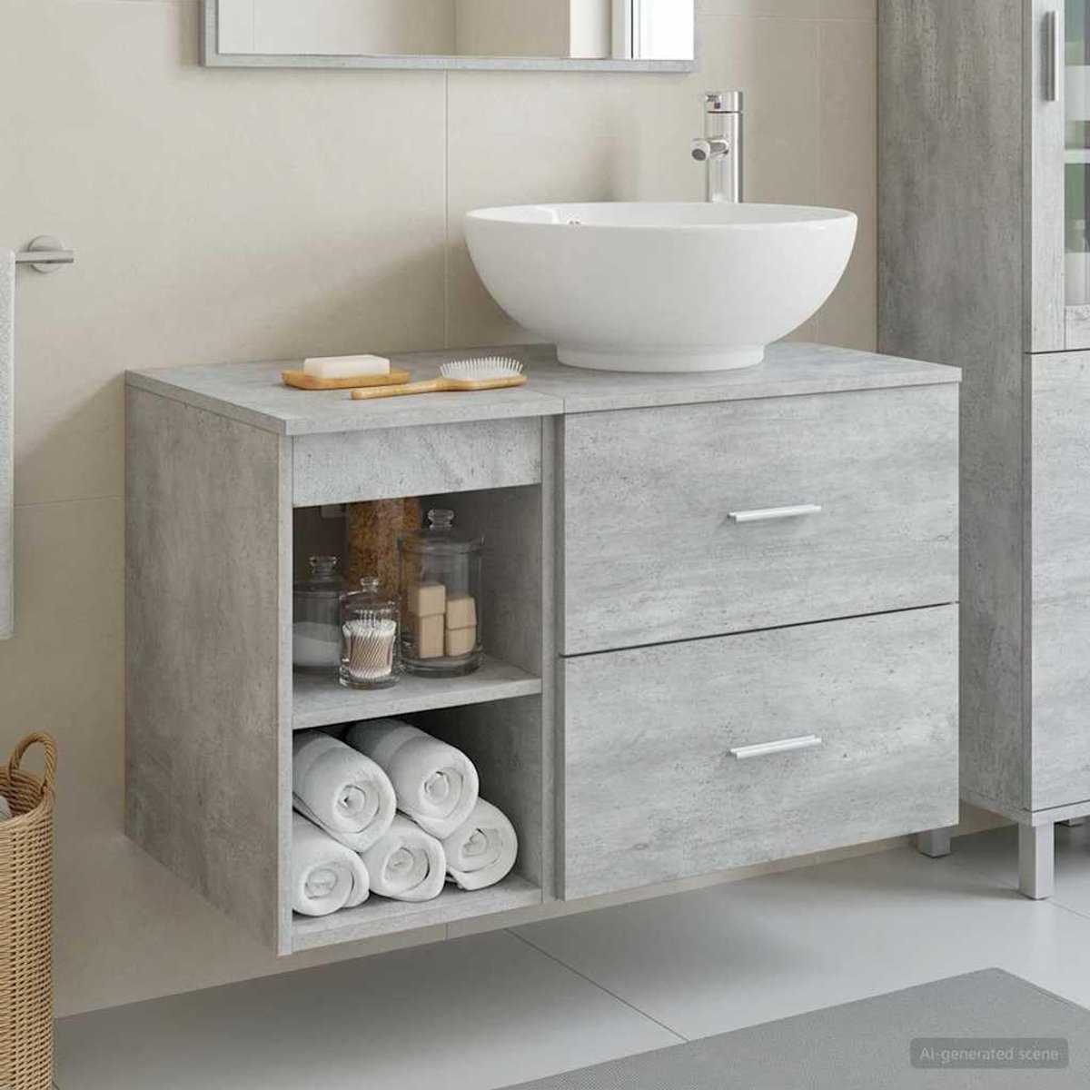 Badkamermeubelset 2 stuks betongrijs houtmateriaal met wastafel