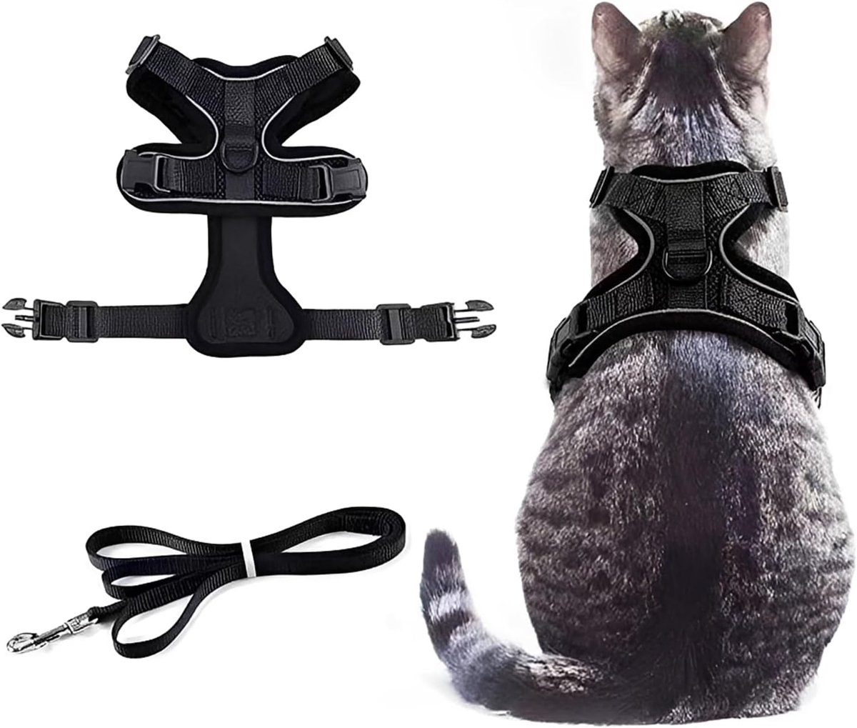 Kattenharnas met kattenriem, hondenharnas, verstelbaar, anti-vlek kattenharnas van ademend net, borstharnas voor kleine honden (S, zwart)