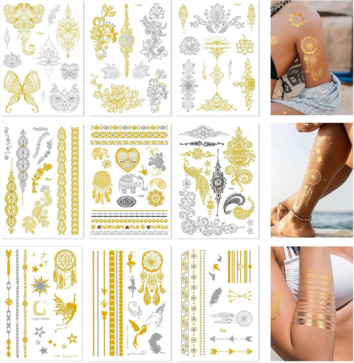 Tijdelijke Tattoos voor Volwassenen Goud Zilver, 21x15cm
