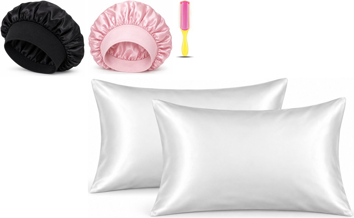 Professor Q Haar- en Slaapset - 2 Kussenslopen Wit 60 x 70 cm - Bonnet Roze - Bonnet Zwart - Fusion Pink Borstel