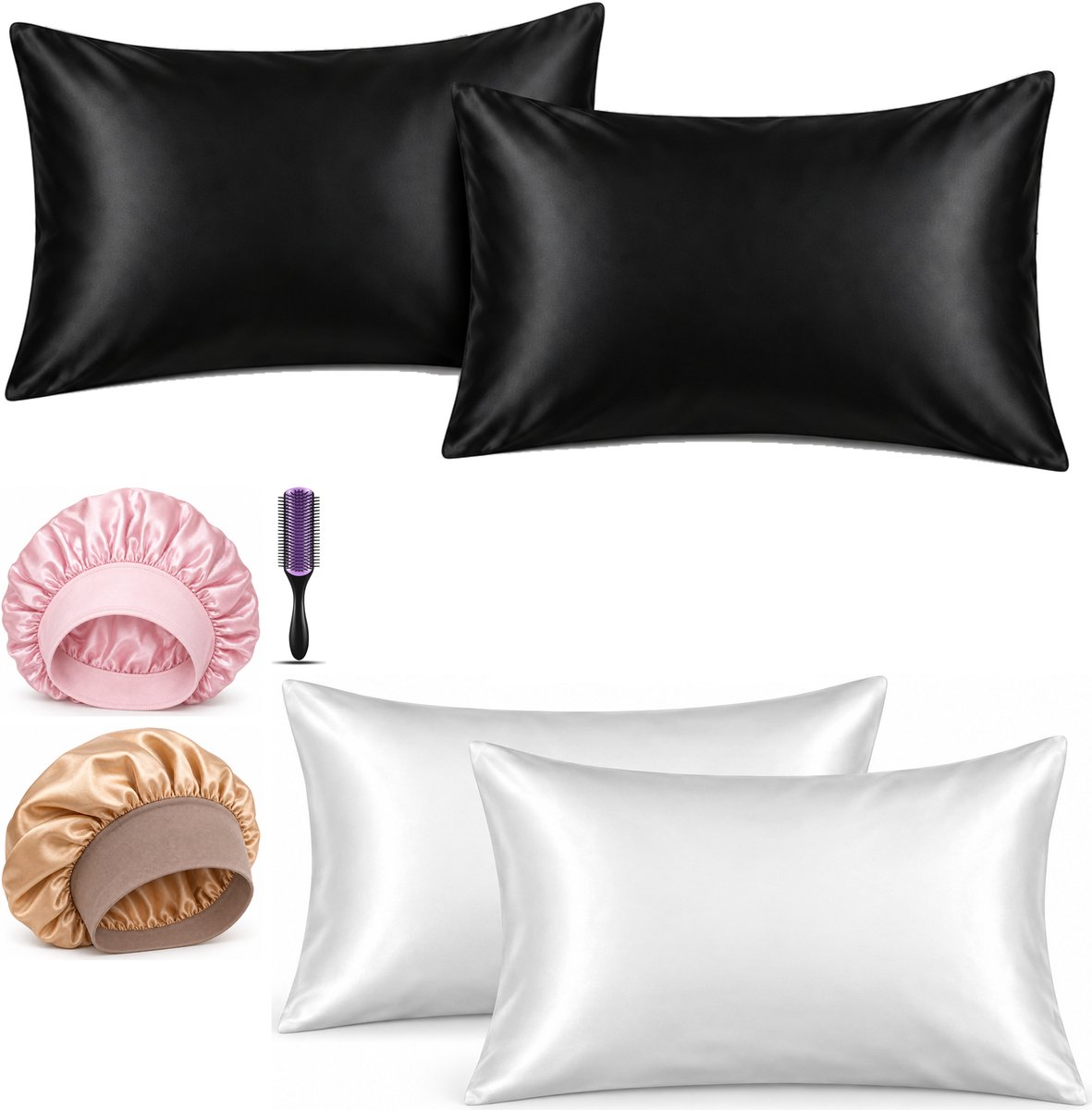 Professor Q Haar- en Slaapset - 2 Kussenslopen Wit 60 x 70 cm - 2 Kussenslopen Zwart 60 x 70 cm - Bonnet Roze - Bonnet Goud - Purple Black Borstel
