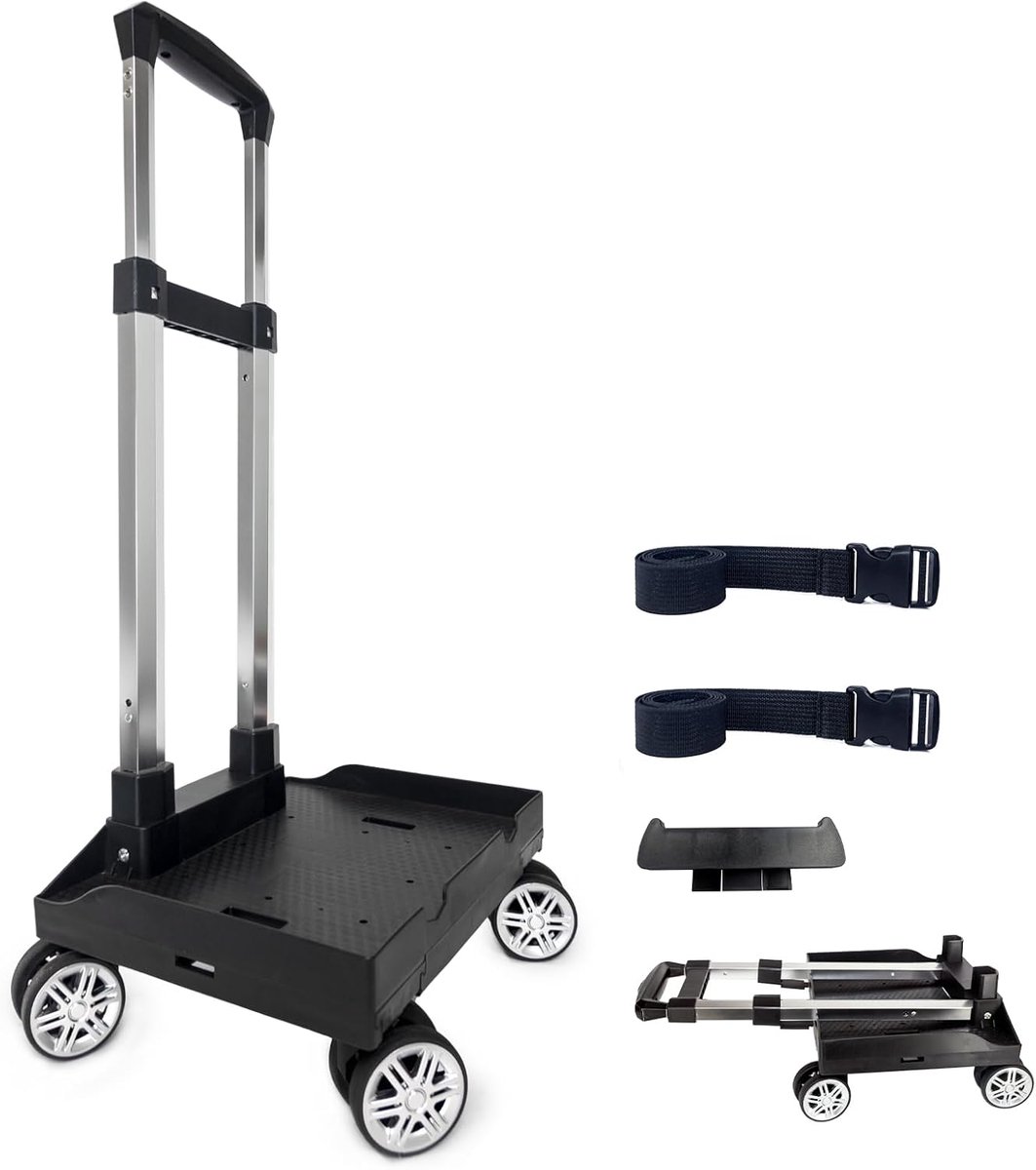 Rugzakwagen op wielen, opvouwbare aluminium steekwagen met randbasis, 4 wielen, bagagewagen met bagageband voor kinderen, tieners, volwassenen, school, reizen, zwart-L08