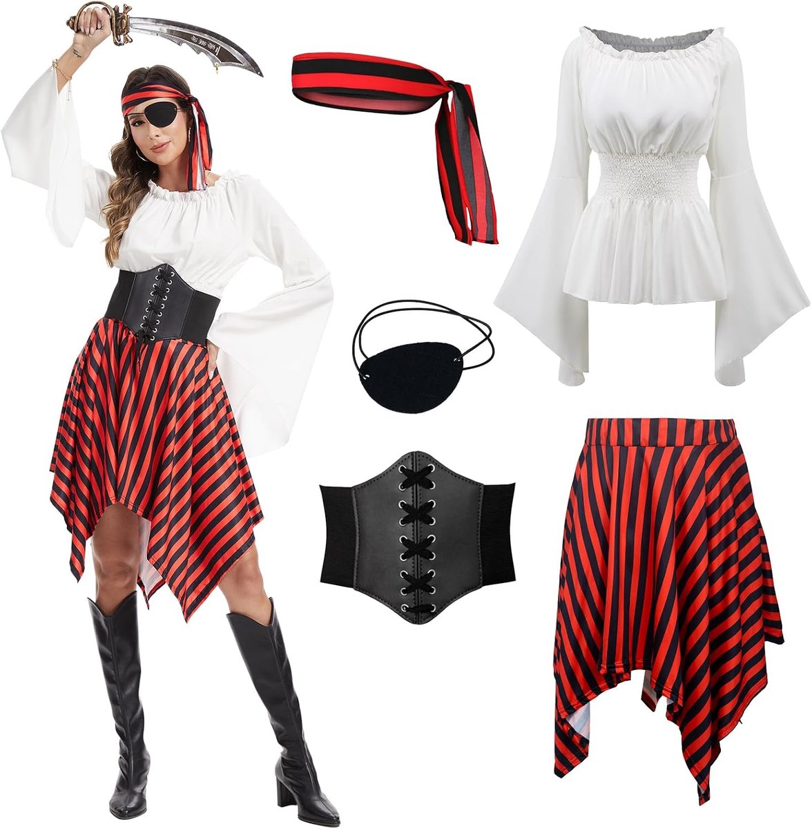 Piratenkostuum voor dames, middeleeuwse renaissance-kleding met piratenaccessoires voor carnaval en Halloween-party