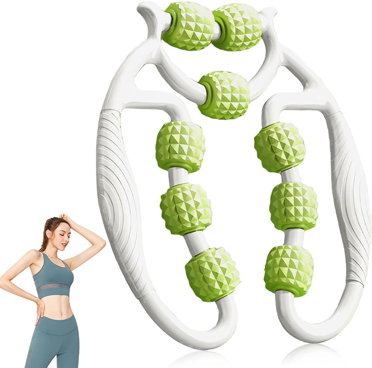 Massageroller voor benen, handmatige massagerol, beenmassageapparaat, 9 wielen, bevordert de doorbloeding, cellulitis-massageapparaat voor benen, voeten, armmassage (witgroen)