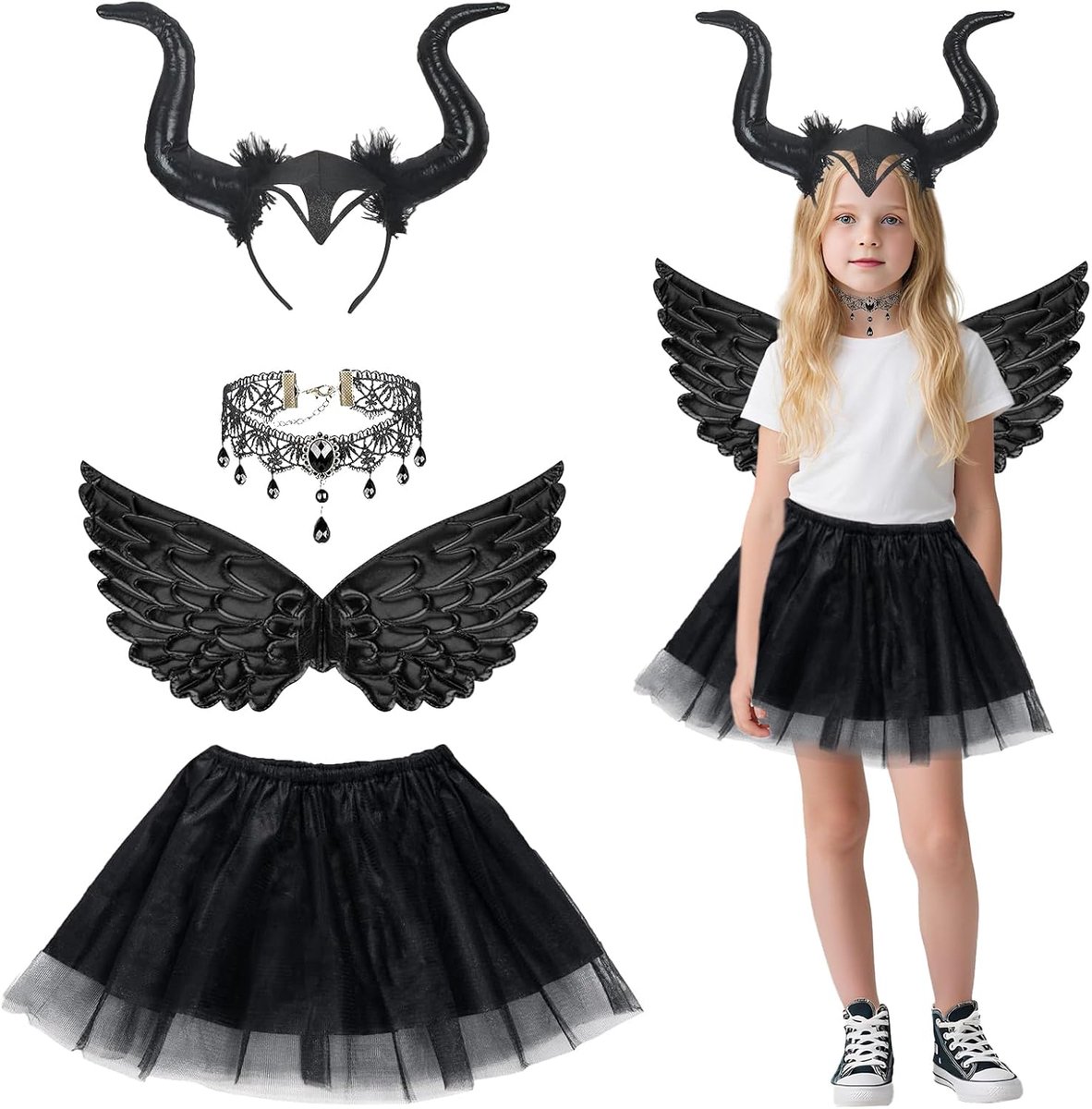 Halloweenkostuum voor kinderen, 4 stuks, boze koningin, zwart met tutu, hoorn, haarband, vleugels, halsketting, kinderkostuum, Halloween, carnaval, meisjes, cosplay
