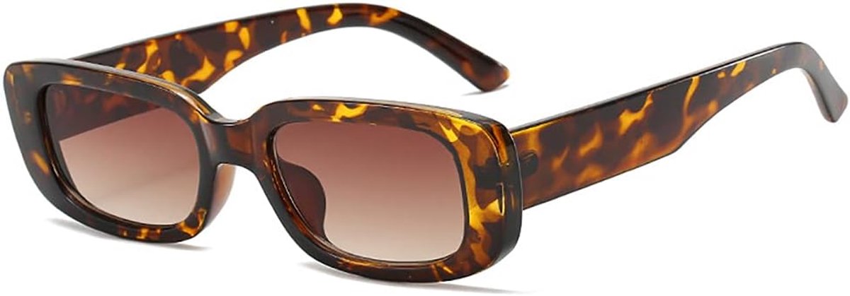 Retro-zonnebril voor dames en heren, chunky zonnebril, vintage, modieuze bril met smalle glazen, luipaard/thee