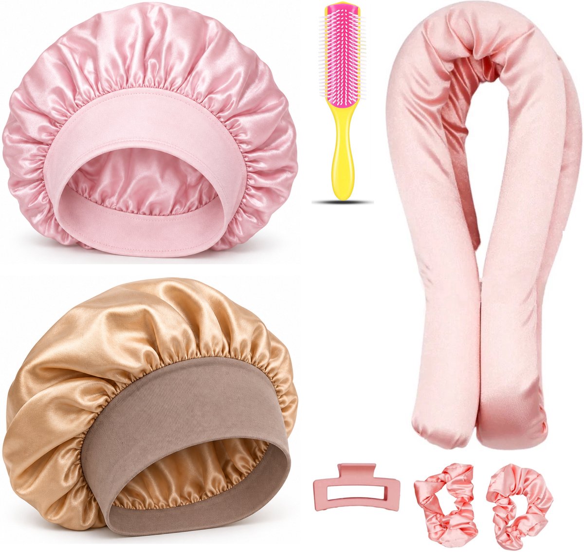 Professor Q Heatless Curls Set - Heatless Curlset met 2 Elastiekjes en Klem - Bonnet Roze - Bonnet Goud - Fusion Pink Borstel