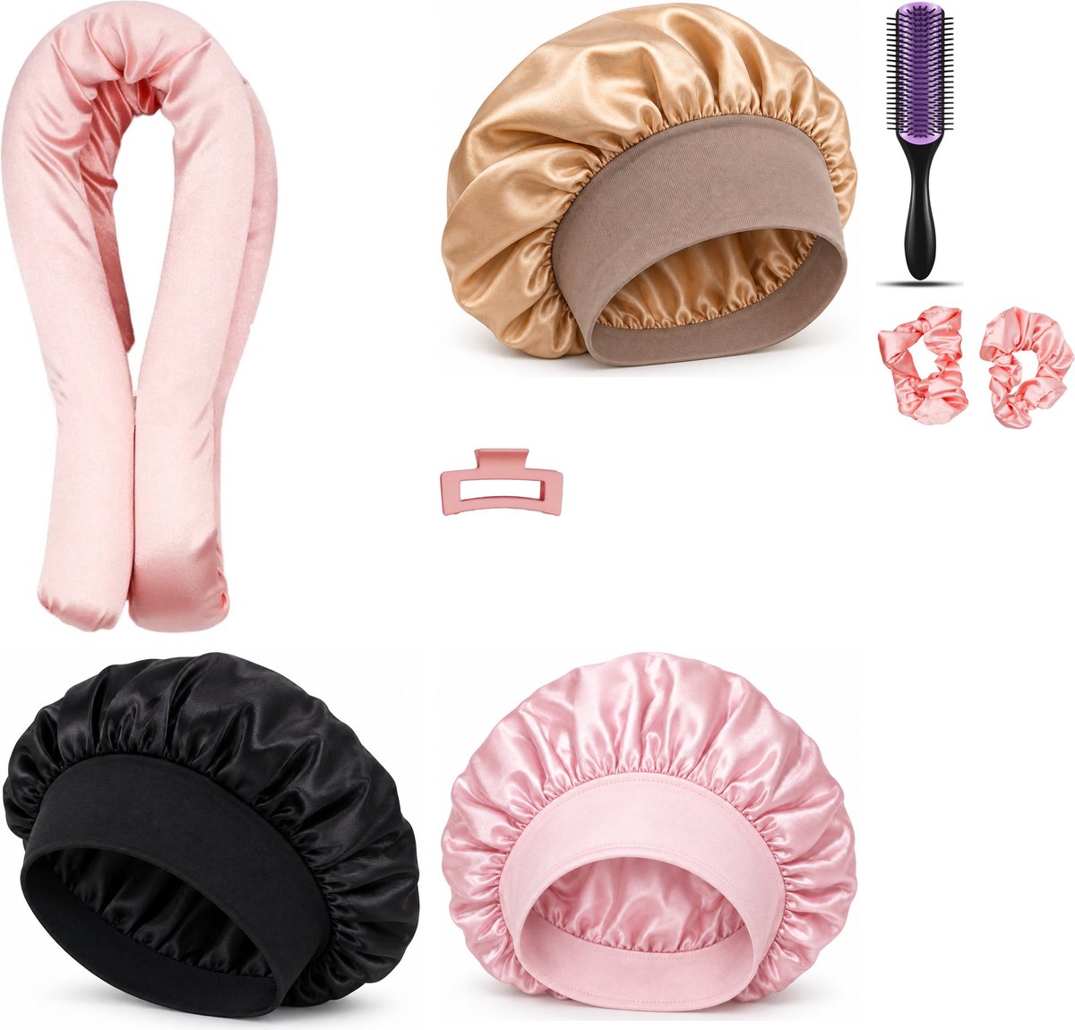 Professor Q Heatless Curls Set - Heatless Curlset met 2 Elastiekjes en Klem - Bonnet Roze - Bonnet Zwart - Bonnet Goud - Purple Black Borstel