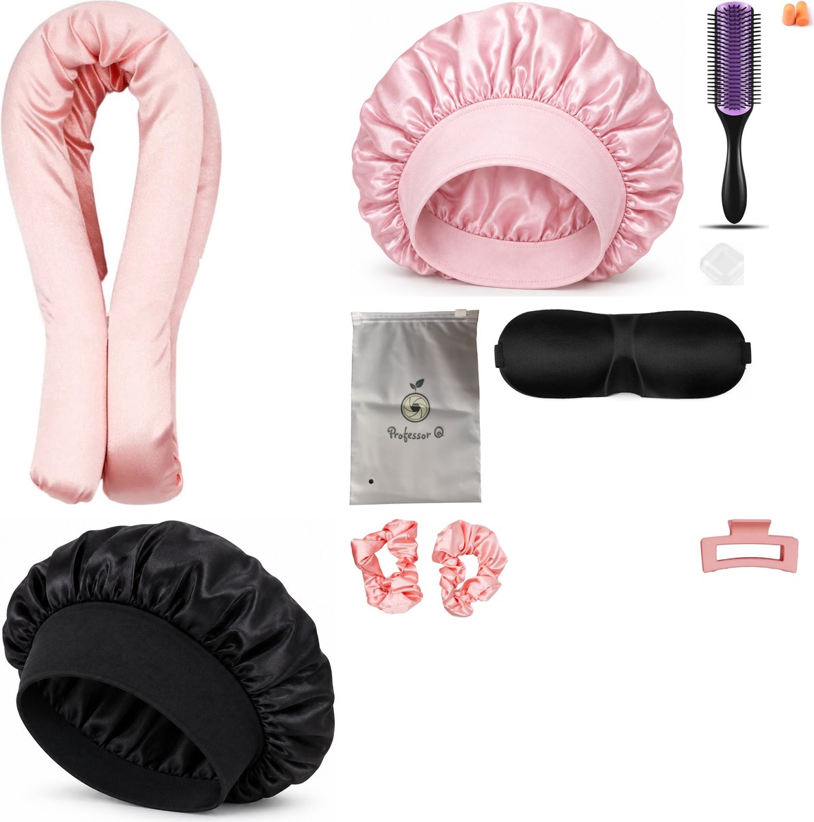 Professor Q Heatless Curls Set - Heatless Curlset met 2 Elastiekjes en Klem - Bonnet Roze - Bonnet Zwart - Purple Black Borstel - Slaapmasker Zwart