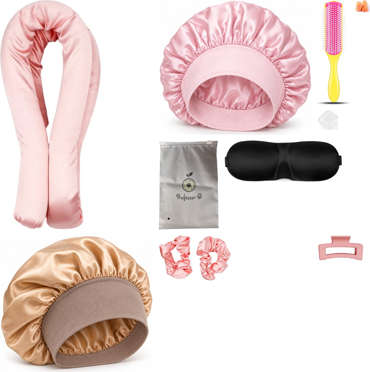 Professor Q Heatless Curls Set - Heatless Curlset met 2 Elastiekjes en Klem - Bonnet Roze - Bonnet Goud - Fusion Pink Borstel - Slaapmasker Zwart