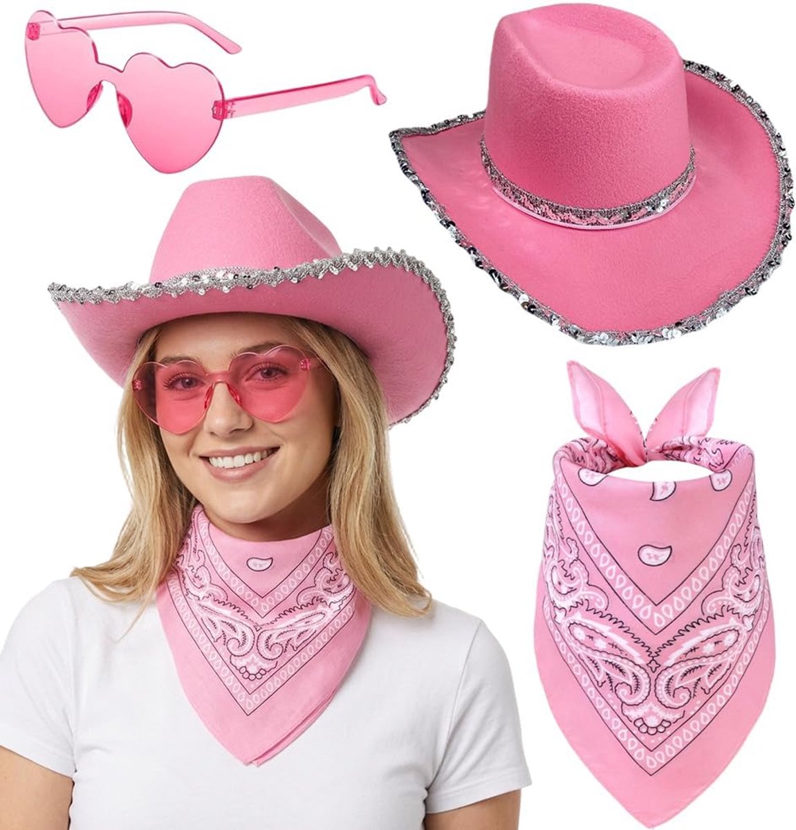 Cowboyhoed set met hartbril en bandana, paillettenrand, vilten hoed voor westernkostuum, party en festival, 3-delige set