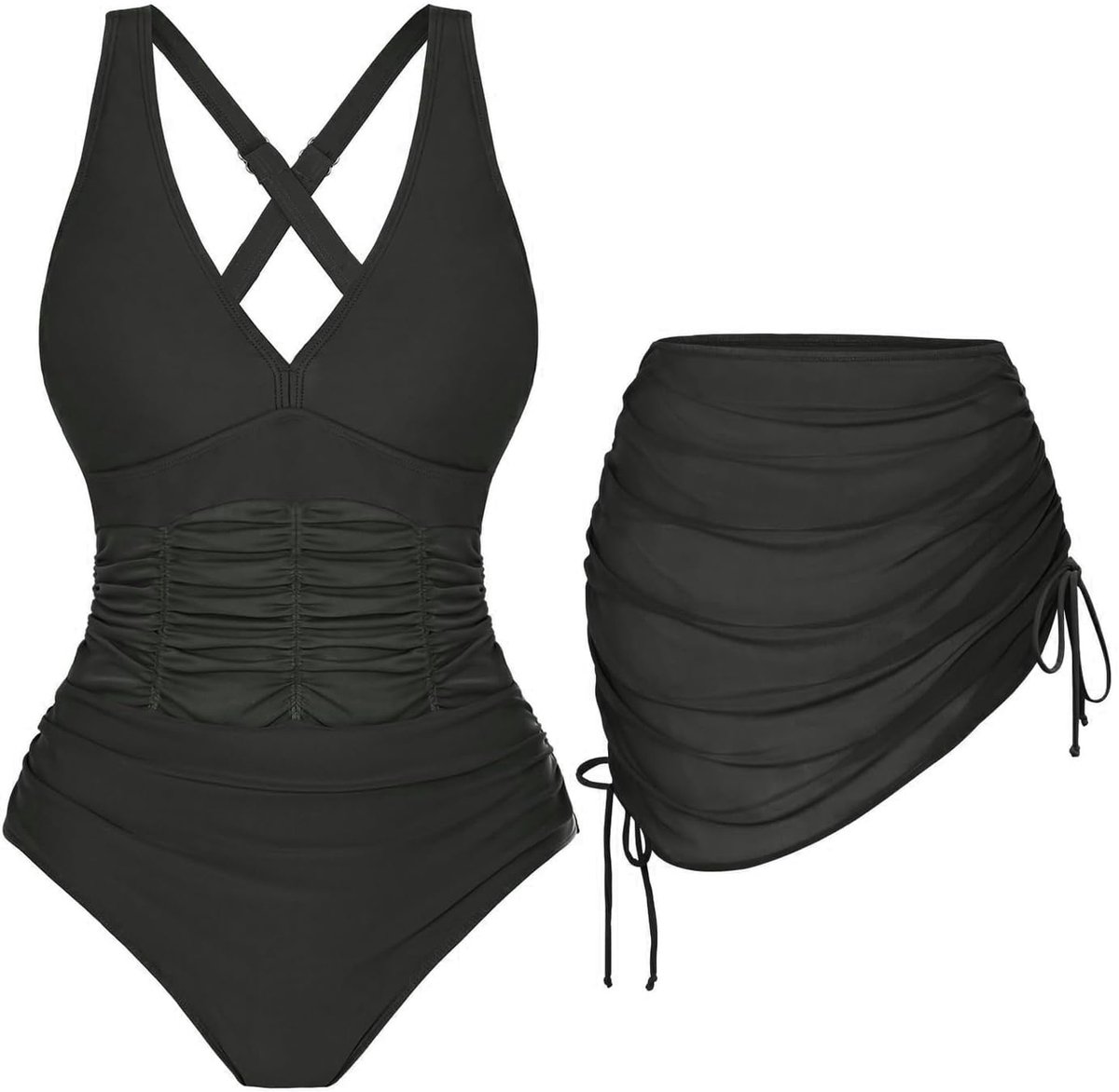 Badpak voor dames met bikini cover-up, wikkellook, V-hals, push-up badpak, buikweg-ruches, eendelige badmode voor vrouwen