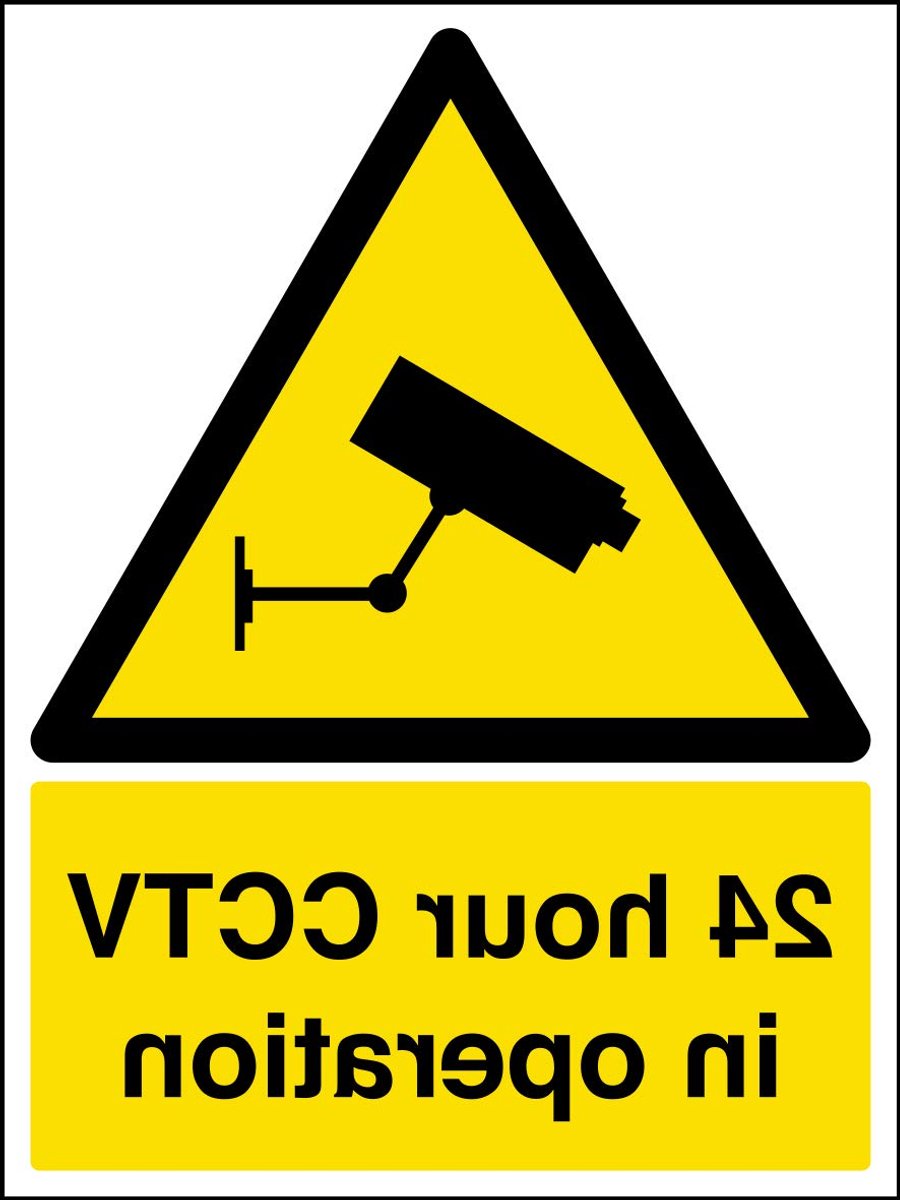 6E050AN-W 24 uur CCTV in bedrijf Waarschuwing Beveiligingsbord - 150mm x 200mm - Zelfklevende raamsticker, zwart/geel