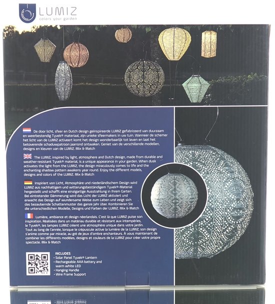 Doos van de Lumiz lampion, met afbeeldingen van verschillende lampionnen, productinformatie en de tekst 'LUMIZ colors your garden'.