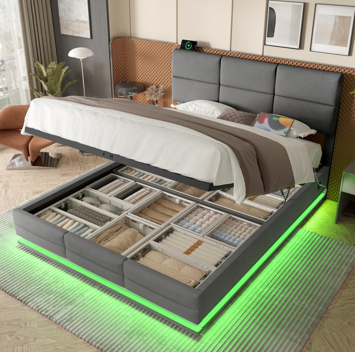 REDOM Bedframe - Hydraulisch liftsysteem - Opbergruimte - Verstelbaar hoofdeinde - LED-verlichting - USB en Type-C-aansluitingen - Fluweel - Grijs - 180 x 200 cm