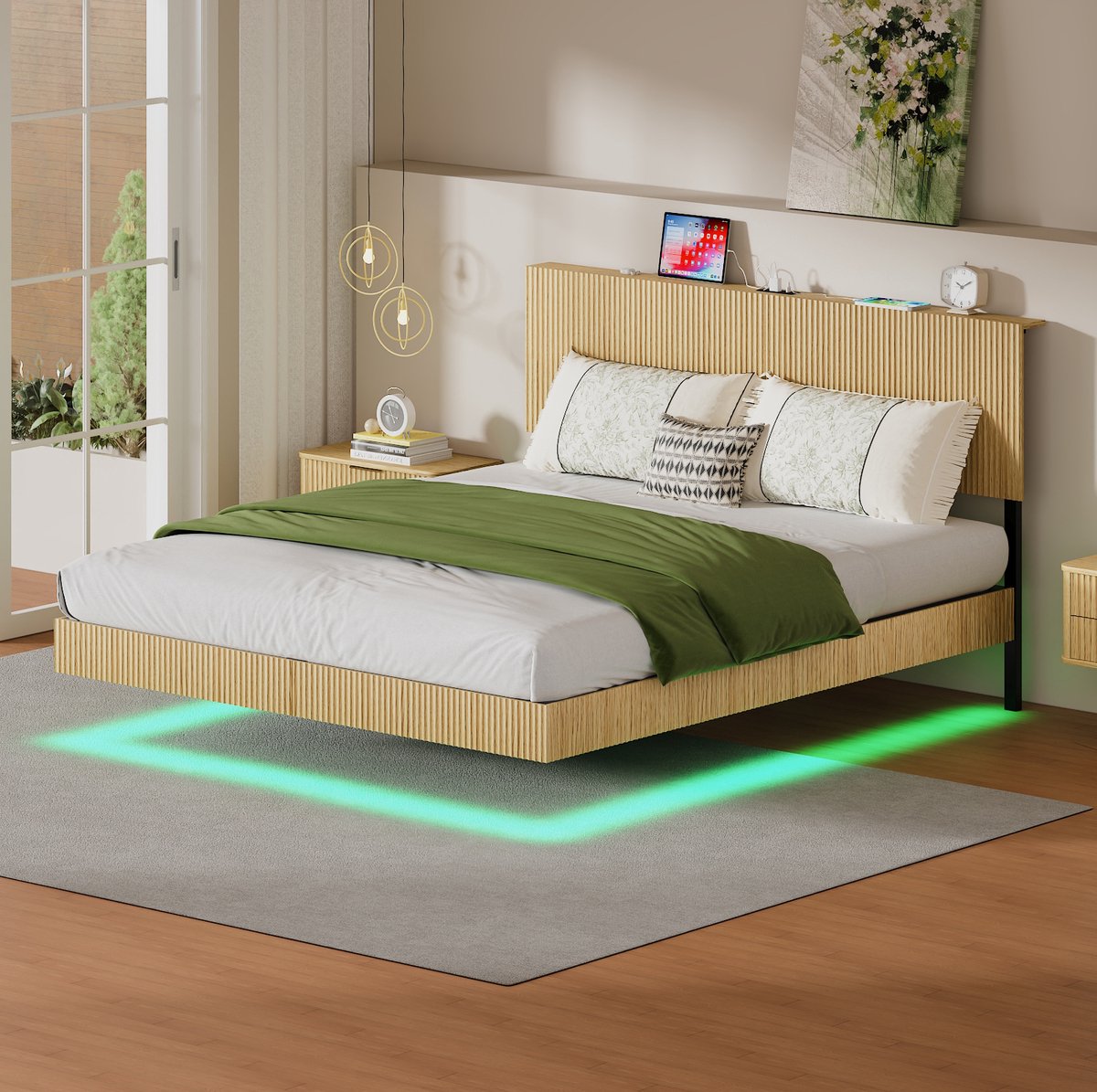REDOM Tweepersoonsbed - Zwevend ontwerp - RGB LED-verlichting en laadstopcontact - Geribbeld hoofdbord - MDF en metaal - Natuurkleur - 180 x 200 cm Natuurlijk